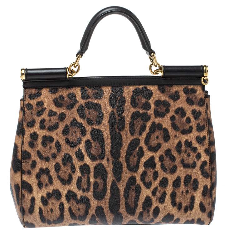 Pre Owned Dolce & Gabbana Black/Brown Leopard Print Coated Canvas and Leather Sicily Top Handle Bag