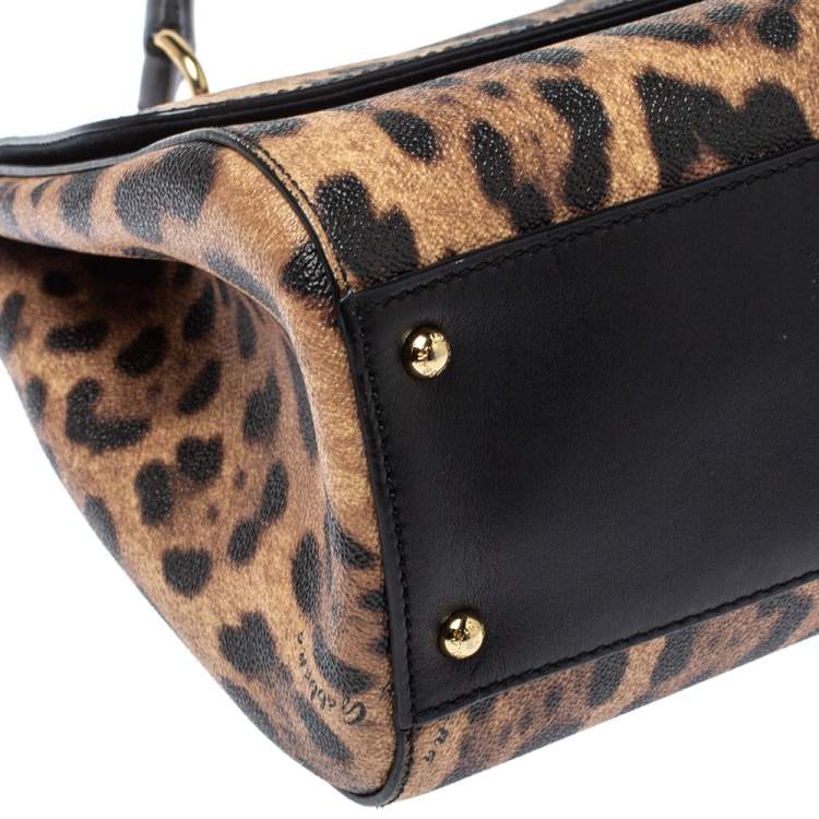 Pre Owned Dolce & Gabbana Black/Brown Leopard Print Coated Canvas and Leather Sicily Top Handle Bag