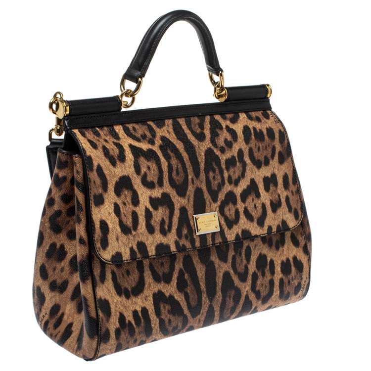 Pre Owned Dolce & Gabbana Black/Brown Leopard Print Coated Canvas and Leather Sicily Top Handle Bag