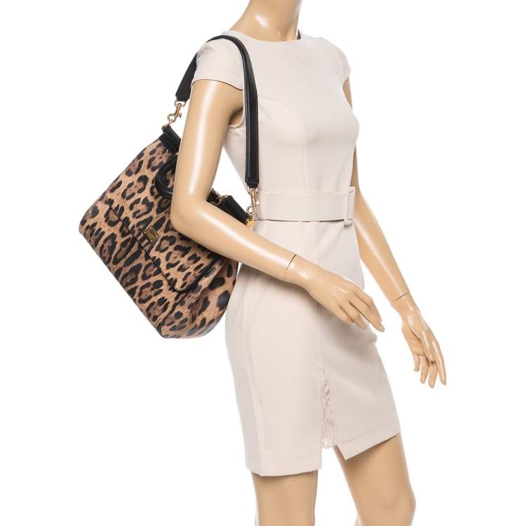 Pre Owned Dolce & Gabbana Black/Brown Leopard Print Coated Canvas and Leather Sicily Top Handle Bag