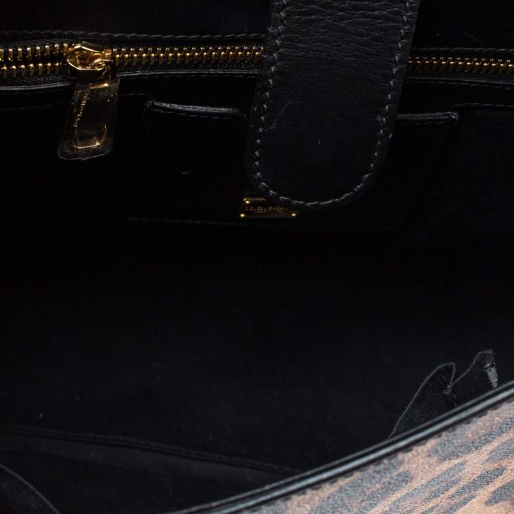 Pre Owned Dolce & Gabbana Black/Brown Leopard Print Coated Canvas and Leather Sicily Top Handle Bag