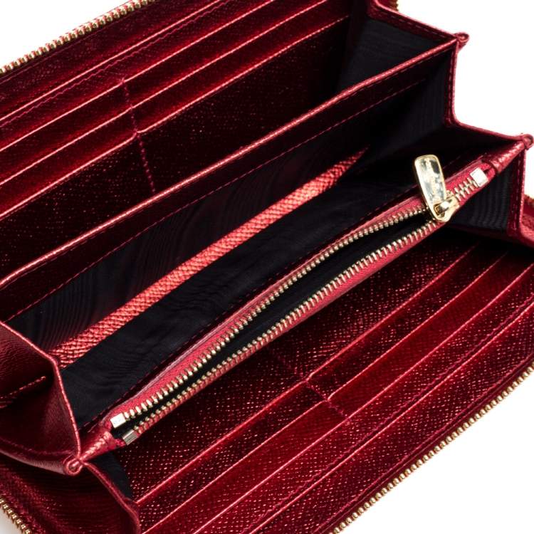 Pre Owned Dolce & Gabbana Metallic Red Leather Zip Around Wallet
