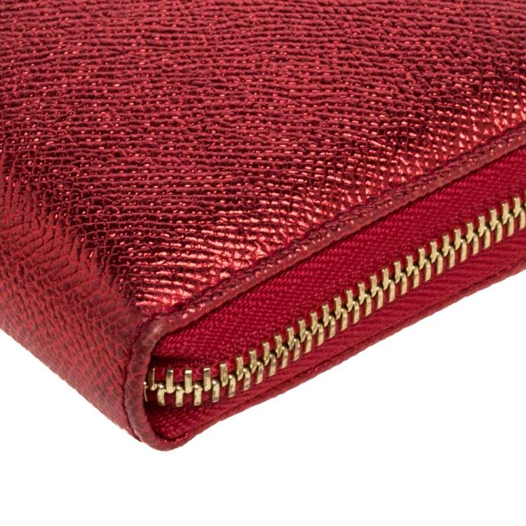 Pre Owned Dolce & Gabbana Metallic Red Leather Zip Around Wallet