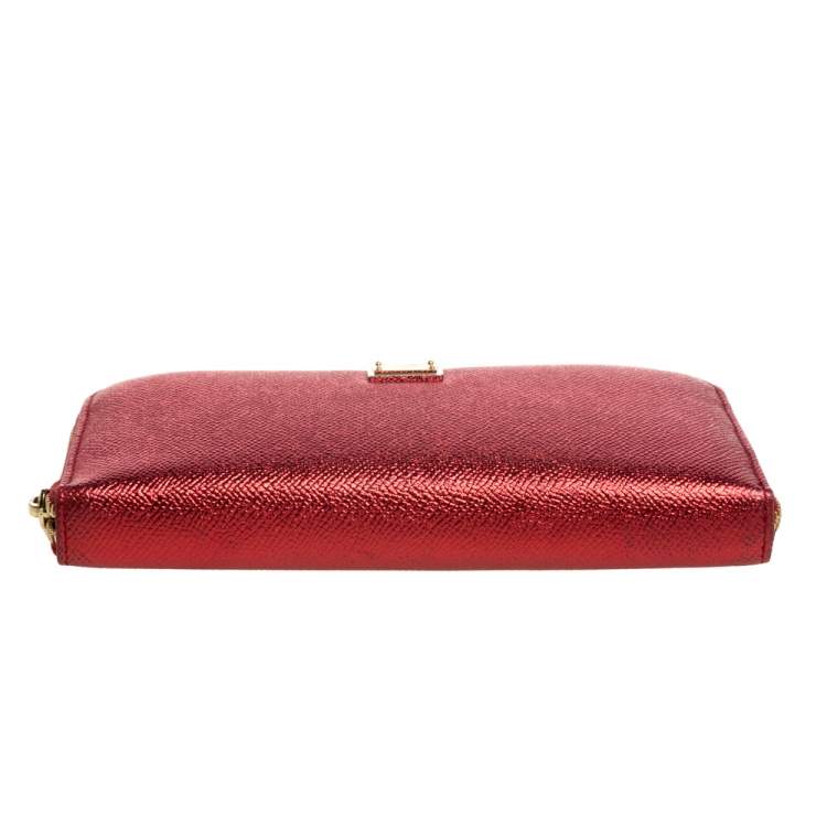 Pre Owned Dolce & Gabbana Metallic Red Leather Zip Around Wallet