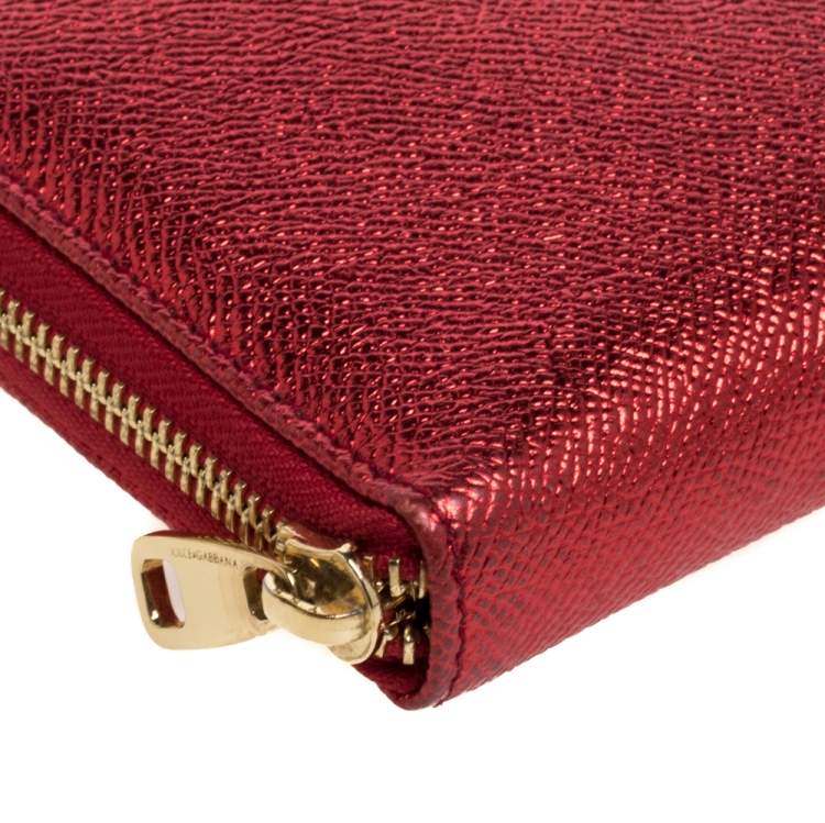 Pre Owned Dolce & Gabbana Metallic Red Leather Zip Around Wallet