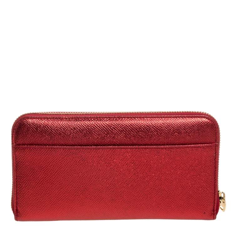 Pre Owned Dolce & Gabbana Metallic Red Leather Zip Around Wallet