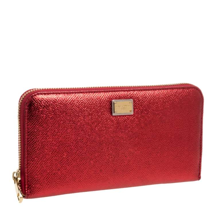 Pre Owned Dolce & Gabbana Metallic Red Leather Zip Around Wallet