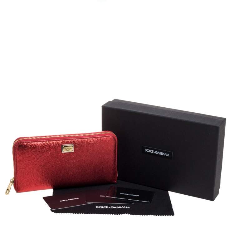 Pre Owned Dolce & Gabbana Metallic Red Leather Zip Around Wallet