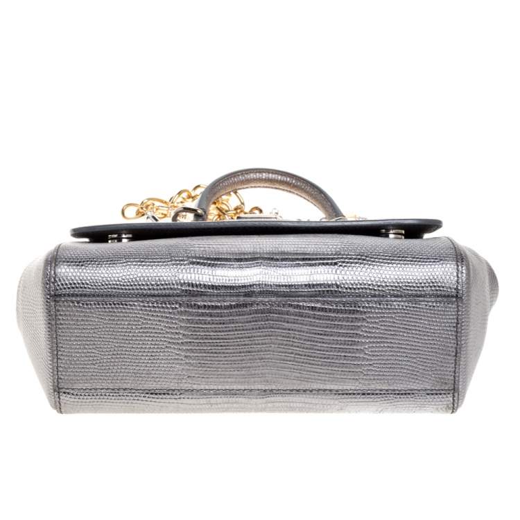Pre Owned Dolce & Gabbana Silver Lizard Embossed Leather Small Miss Sicily Top Handle Bag