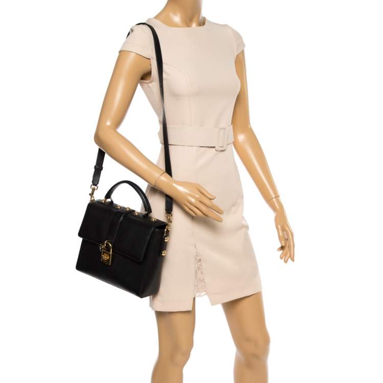 Pre Owned Dolce and Gabbana Black Grained Leather Padlock Flap Top Handle Bag