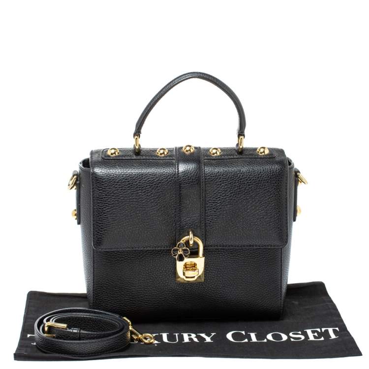 Pre Owned Dolce and Gabbana Black Grained Leather Padlock Flap Top Handle Bag