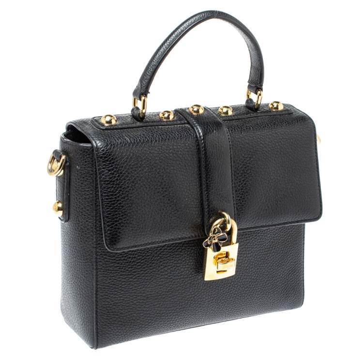 Pre Owned Dolce and Gabbana Black Grained Leather Padlock Flap Top Handle Bag