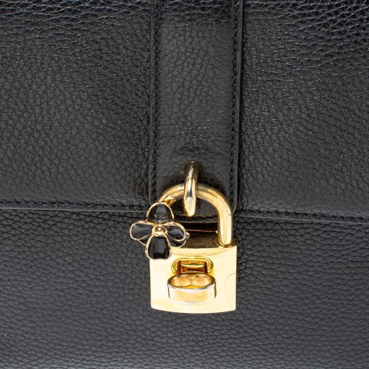 Pre Owned Dolce and Gabbana Black Grained Leather Padlock Flap Top Handle Bag