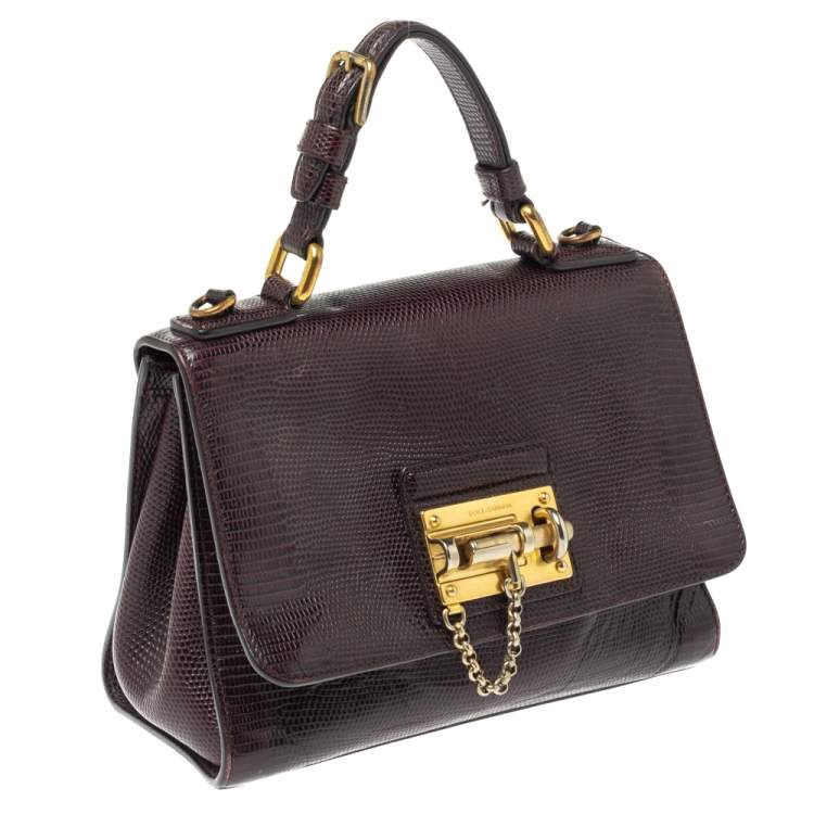 Pre Owned Dolce & Gabbana Choco Brown Lizard Embossed Leather Small Miss Monica Top Handle Bag