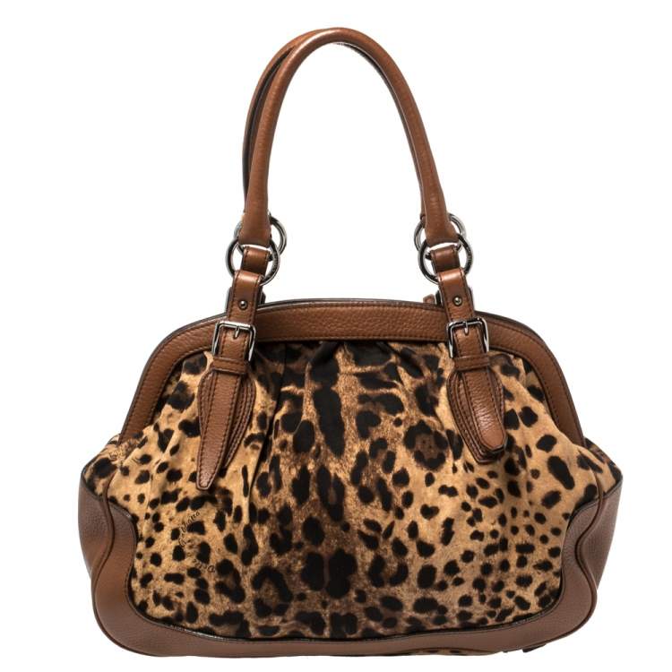 Pre Owned Dolce & Gabbana Brown Leopard Print Canvas and Leather Animalier Zip Satchel