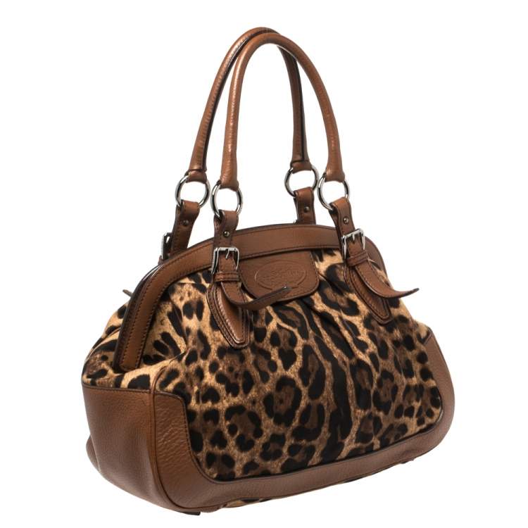 Pre Owned Dolce & Gabbana Brown Leopard Print Canvas and Leather Animalier Zip Satchel