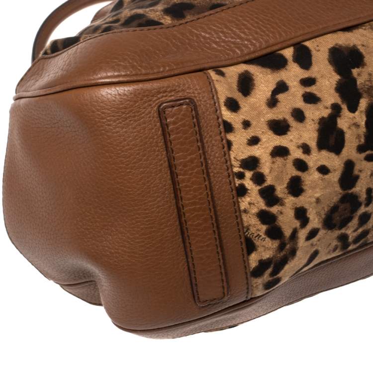 Pre Owned Dolce & Gabbana Brown Leopard Print Canvas and Leather Animalier Zip Satchel