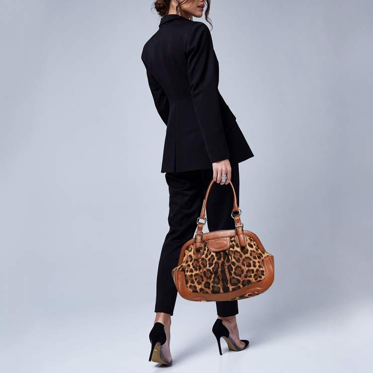 Pre Owned Dolce & Gabbana Brown Leopard Print Canvas and Leather Animalier Zip Satchel
