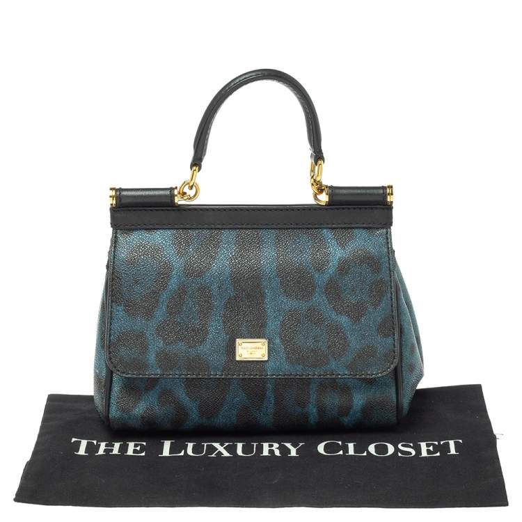 Pre Owned Dolce & Gabbana Black/Blue Leopard Print Coated Canvas and Leather Small Miss Sicily Top Handle Bag