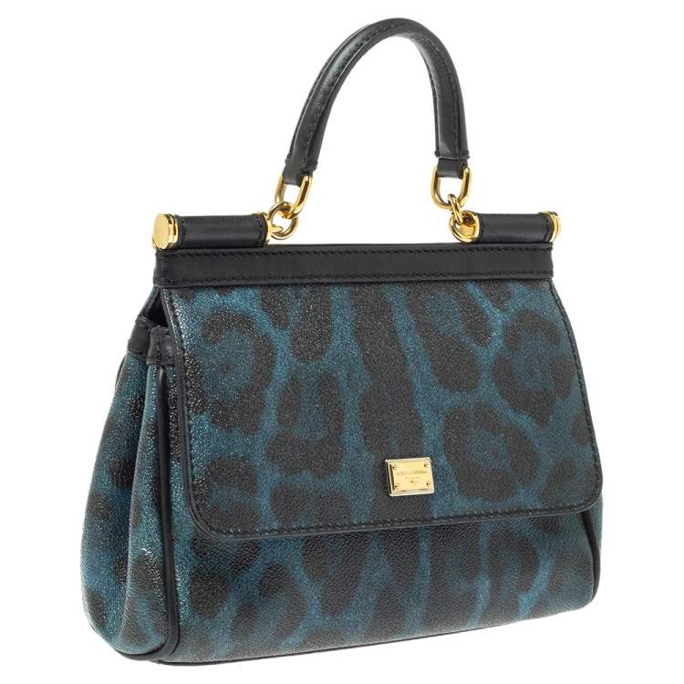Pre Owned Dolce & Gabbana Black/Blue Leopard Print Coated Canvas and Leather Small Miss Sicily Top Handle Bag