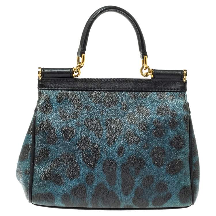 Pre Owned Dolce & Gabbana Black/Blue Leopard Print Coated Canvas and Leather Small Miss Sicily Top Handle Bag