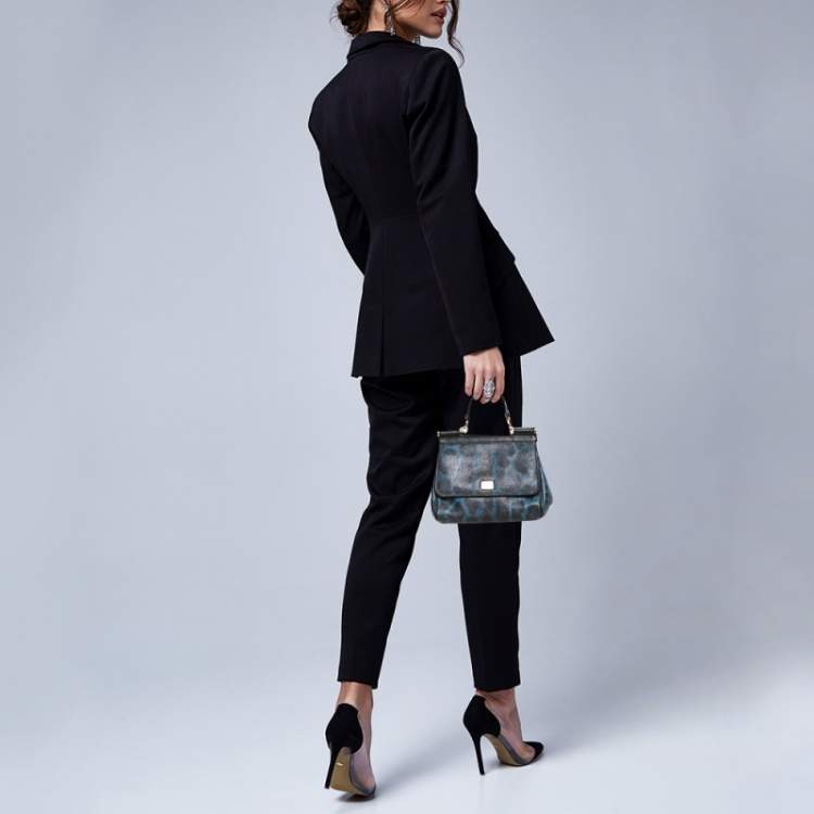 Pre Owned Dolce & Gabbana Black/Blue Leopard Print Coated Canvas and Leather Small Miss Sicily Top Handle Bag