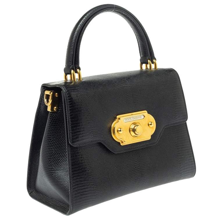 Pre Owned Dolce & Gabbana Black Lizard Embossed Leather Welcome Top Handle Bag