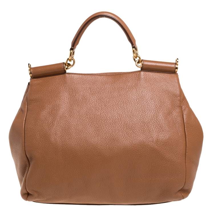 Pre Owned Dolce & Gabbana Tan Leather Soft Large Miss Sicily Top Handle Bag