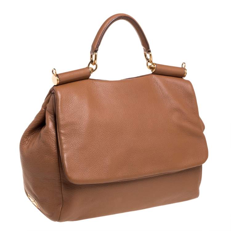 Pre Owned Dolce & Gabbana Tan Leather Soft Large Miss Sicily Top Handle Bag