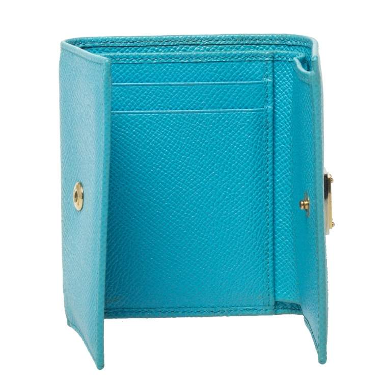 Pre Owned Dolce & Gabbana Light Blue Leather Trifold Compact Wallet 