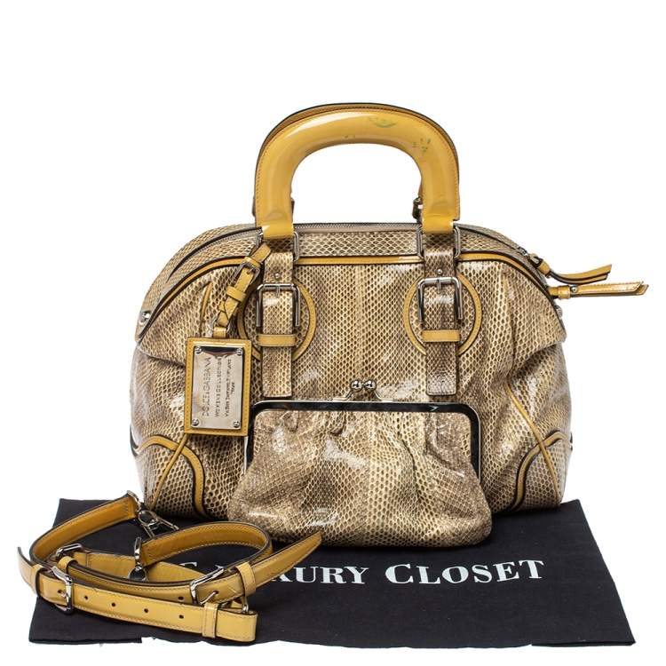 Pre Owned Dolce & Gabbana Cream/Beige Snakeskin and Patent Leather Miss Romantique Pocket Satchel