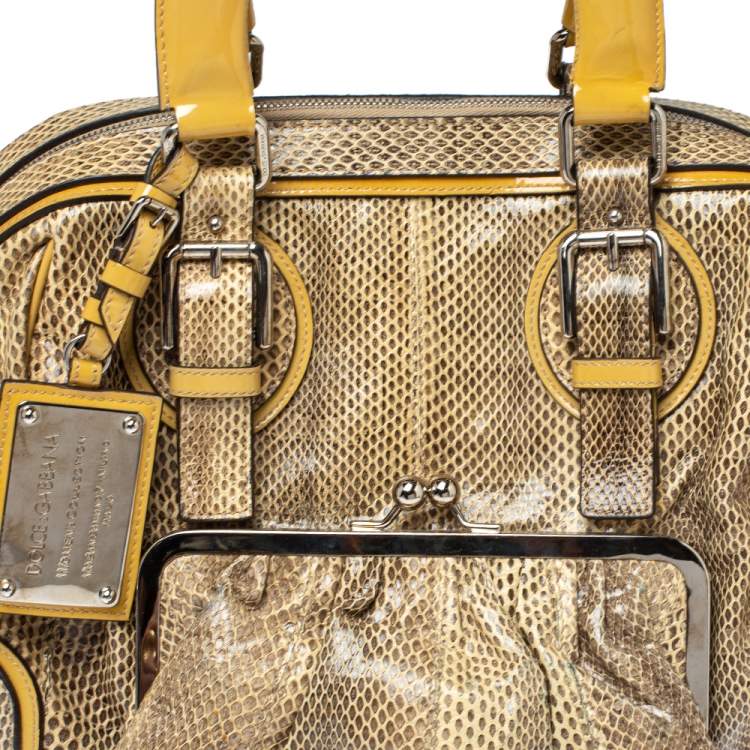 Pre Owned Dolce & Gabbana Cream/Beige Snakeskin and Patent Leather Miss Romantique Pocket Satchel