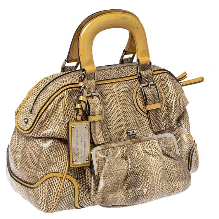 Pre Owned Dolce & Gabbana Cream/Beige Snakeskin and Patent Leather Miss Romantique Pocket Satchel