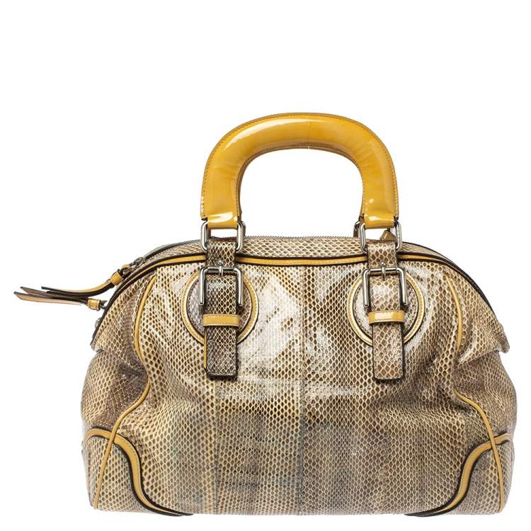 Pre Owned Dolce & Gabbana Cream/Beige Snakeskin and Patent Leather Miss Romantique Pocket Satchel