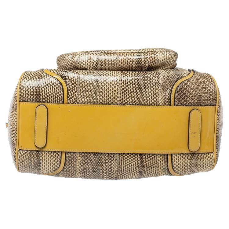 Pre Owned Dolce & Gabbana Cream/Beige Snakeskin and Patent Leather Miss Romantique Pocket Satchel