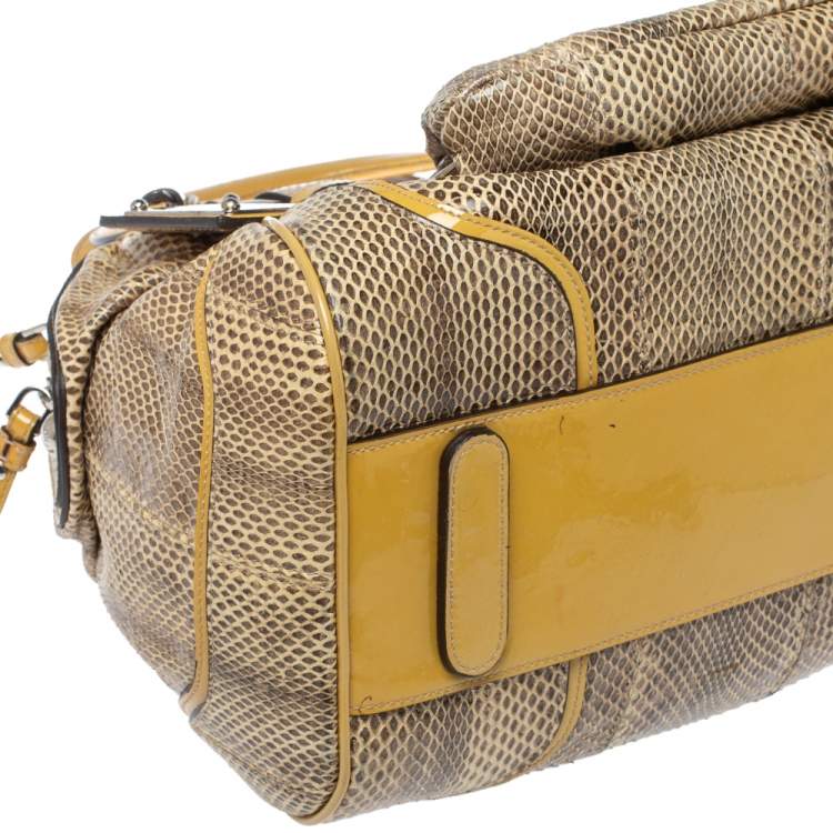 Pre Owned Dolce & Gabbana Cream/Beige Snakeskin and Patent Leather Miss Romantique Pocket Satchel