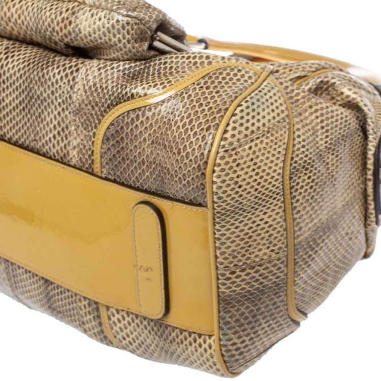 Pre Owned Dolce & Gabbana Cream/Beige Snakeskin and Patent Leather Miss Romantique Pocket Satchel