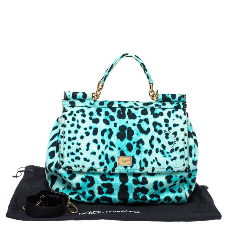 Pre Owned Dolce & Gabbana Blue Leopard Print Canvas Large Miss Sicily Top Handle Bag