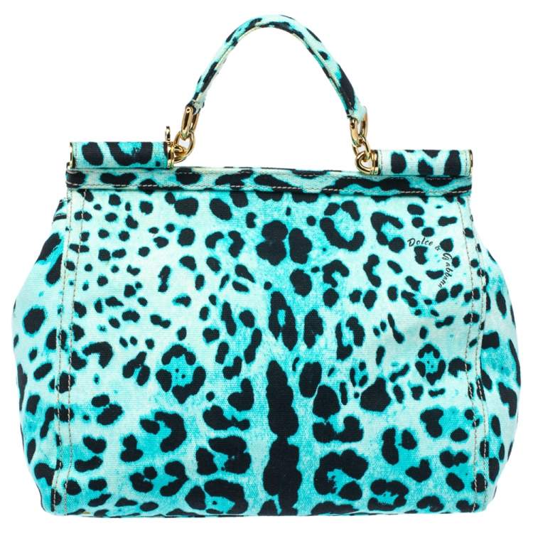 Pre Owned Dolce & Gabbana Blue Leopard Print Canvas Large Miss Sicily Top Handle Bag