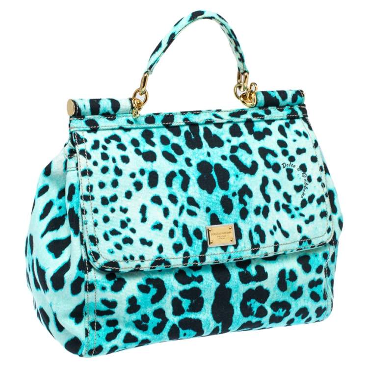 Pre Owned Dolce & Gabbana Blue Leopard Print Canvas Large Miss Sicily Top Handle Bag