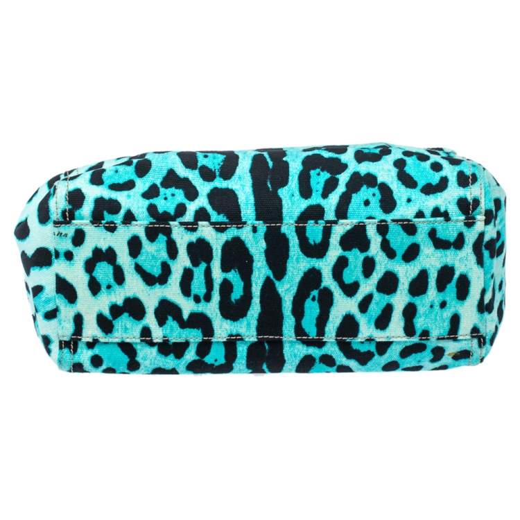 Pre Owned Dolce & Gabbana Blue Leopard Print Canvas Large Miss Sicily Top Handle Bag