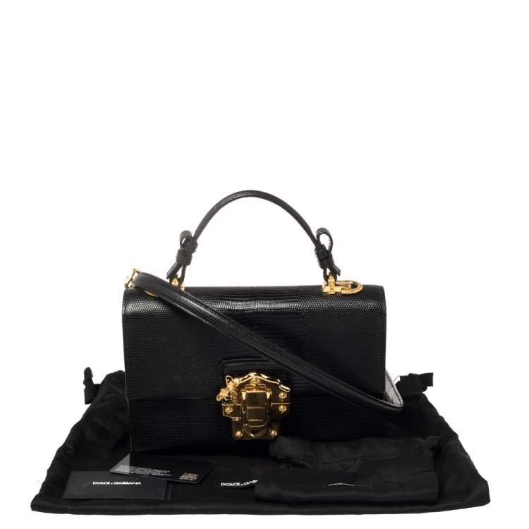 Pre Owned Dolce & Gabbana Black Lizard Embossed Leather Lucia Top Handle Bag
