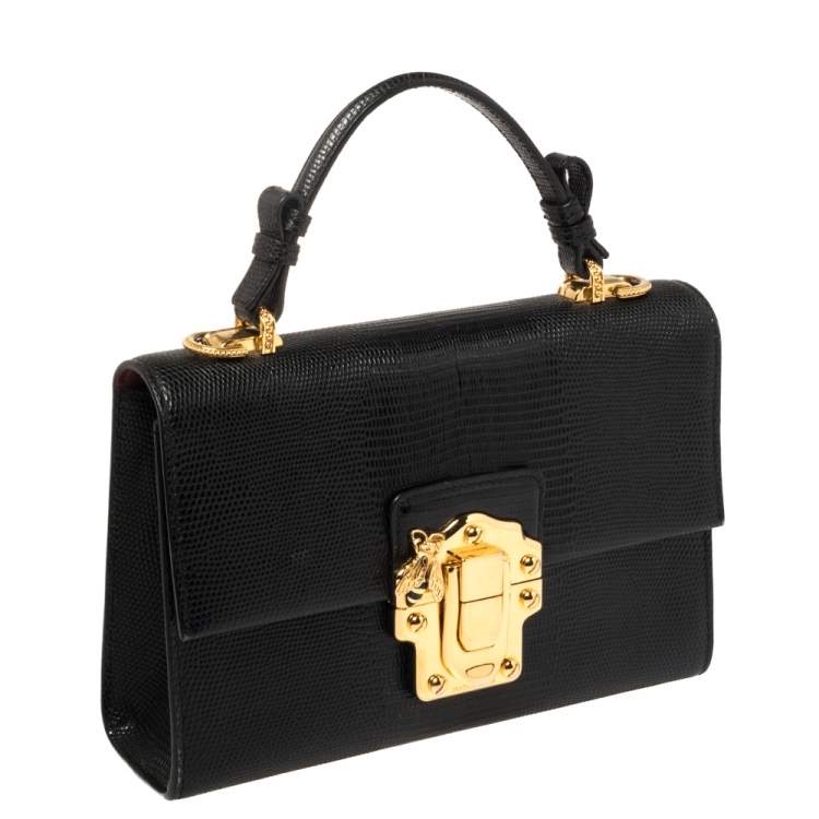 Pre Owned Dolce & Gabbana Black Lizard Embossed Leather Lucia Top Handle Bag