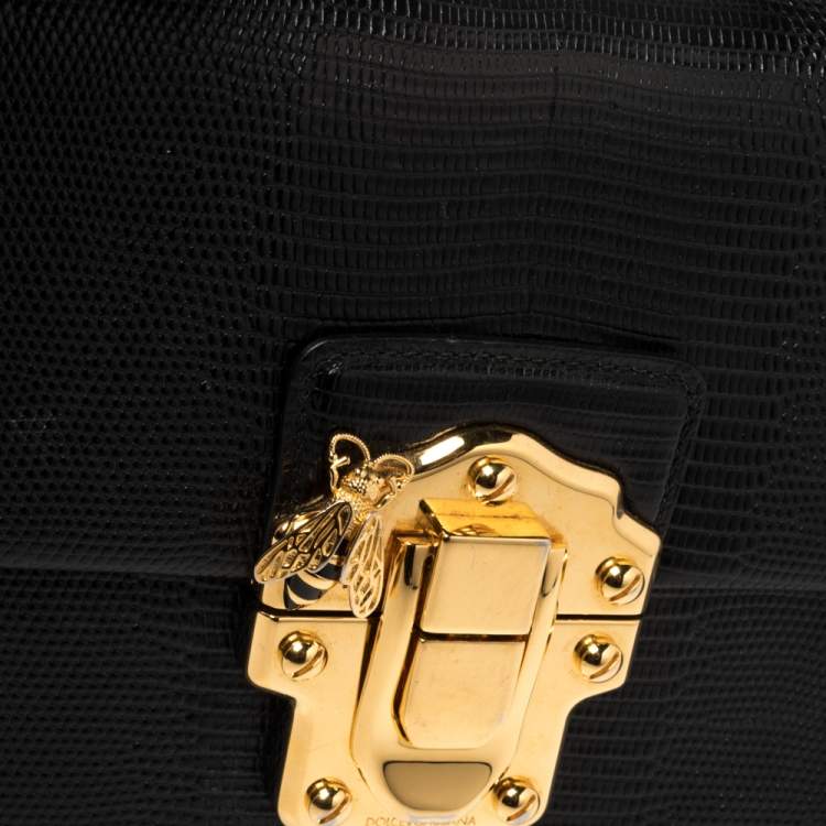 Pre Owned Dolce & Gabbana Black Lizard Embossed Leather Lucia Top Handle Bag