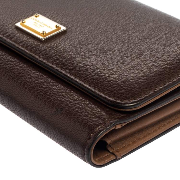 Pre Owned Dolce & Gabbana Brown Leather Trifold Wallet on Chain