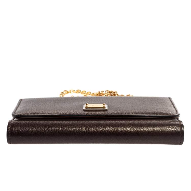 Pre Owned Dolce & Gabbana Brown Leather Trifold Wallet on Chain