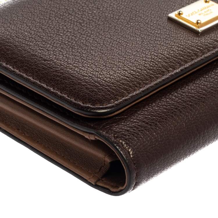 Pre Owned Dolce & Gabbana Brown Leather Trifold Wallet on Chain