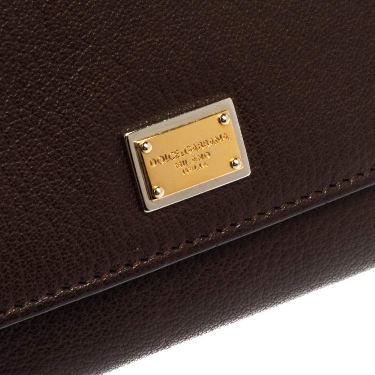 Pre Owned Dolce & Gabbana Brown Leather Trifold Wallet on Chain