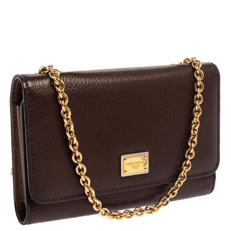 Pre Owned Dolce & Gabbana Brown Leather Trifold Wallet on Chain