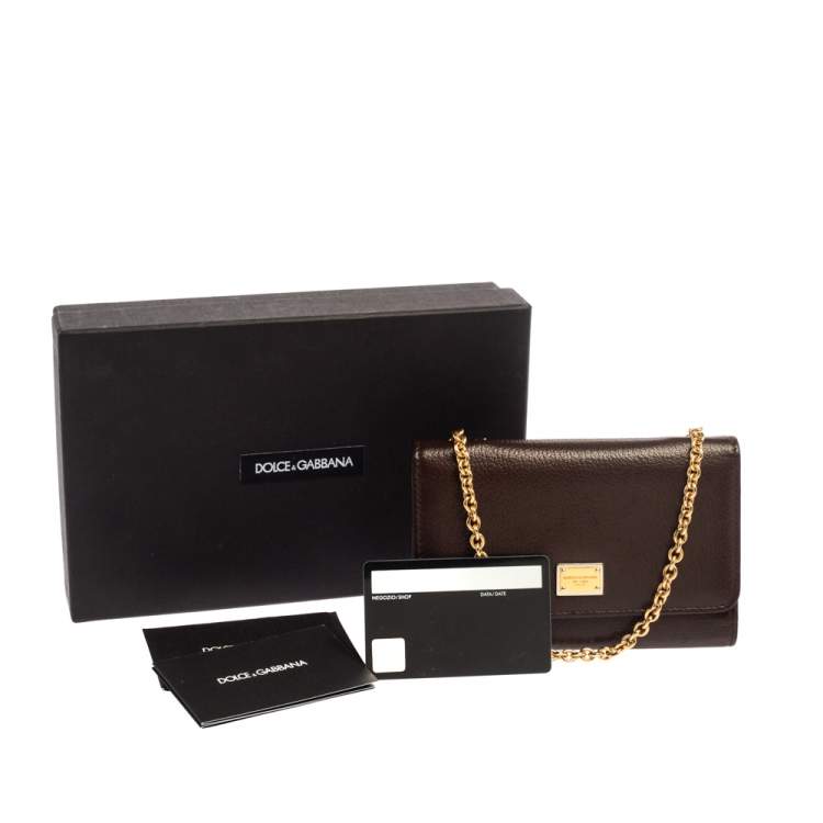 Pre Owned Dolce & Gabbana Brown Leather Trifold Wallet on Chain